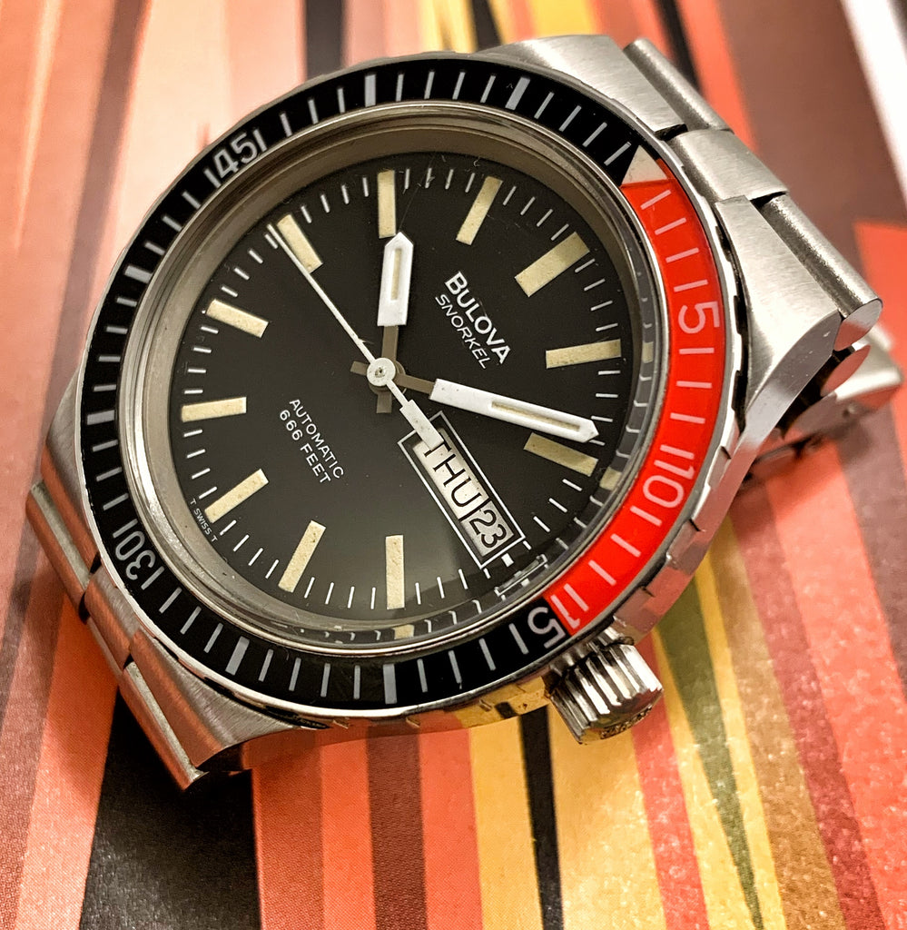 MINTY~RARE 1974 BULOVA SNORKEL 666 BAKELITE BEZEL DIVER – RETROWATCHGUY