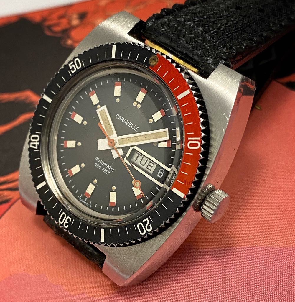 SHARP~1975 CARAVELLE DEVIL DIVER COKE BEZEL – RETROWATCHGUY